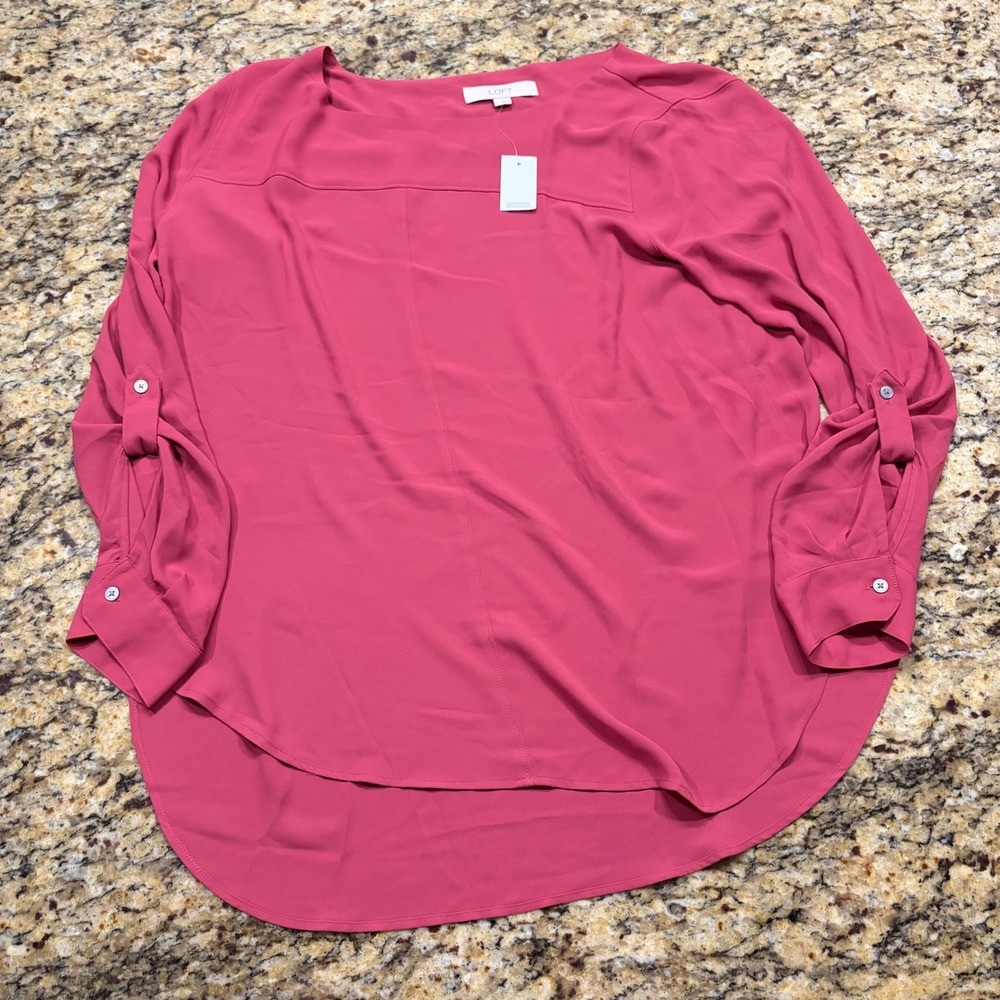 NEW Ann Taylor LOFT Womens Pink Roll Tab Sleeve Boat Neck Blouse Size L ws